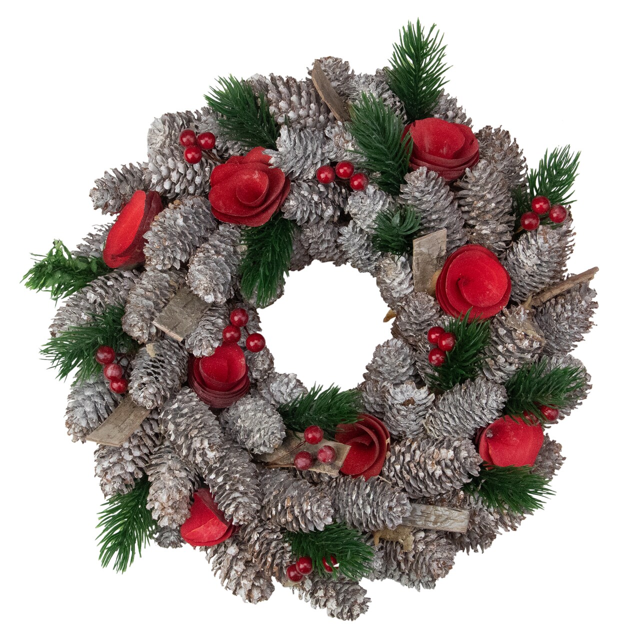Northlight Pine Cones and Red Wooden Roses Artificial Christmas Wreath, 10-Inch, Unlit